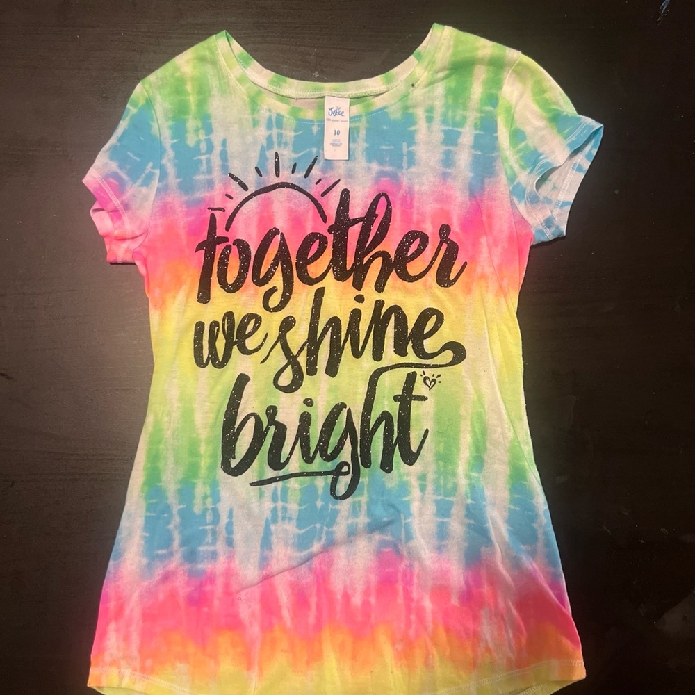 Justice Girl’s Size 10 Neon Tie Dye Top Say’s “Together We Shine Bright”